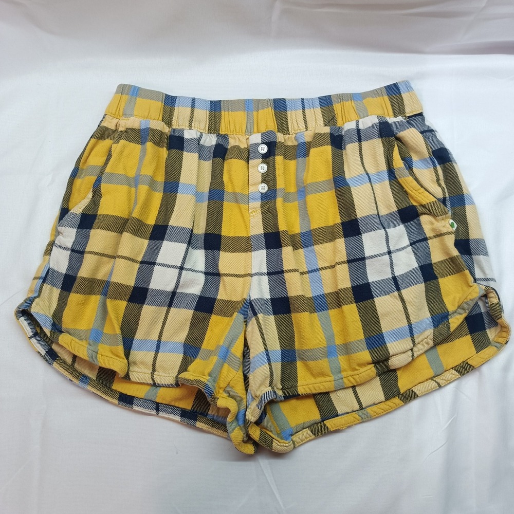 Aerie Yellow Blue Plaid Flannel‎ Pajama Shorts Womens S Elastic Waist Button